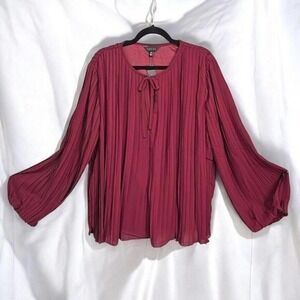 Adiva Blouse Womens 2X Burgundy Pleated Long Sleeve Tie‎ Neck Relaxed Fit NWT